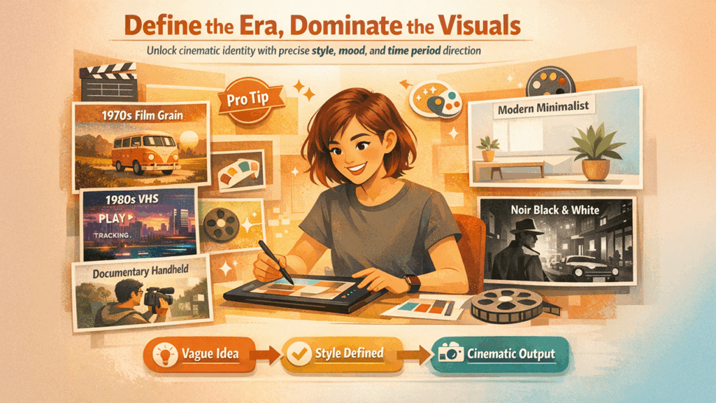 Vague vs specific prompts example showing how time period and visual style improve AI video output quality