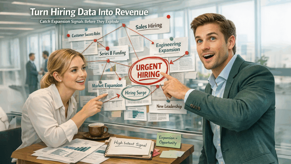 Where to spot hiring signals in B2B sales including LinkedIn job postings, company career pages, and growth indicators