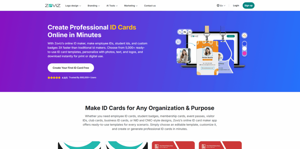 Zoviz ID Card Maker tool interface showing real-world ID card workflow with bulk creation and QR code features