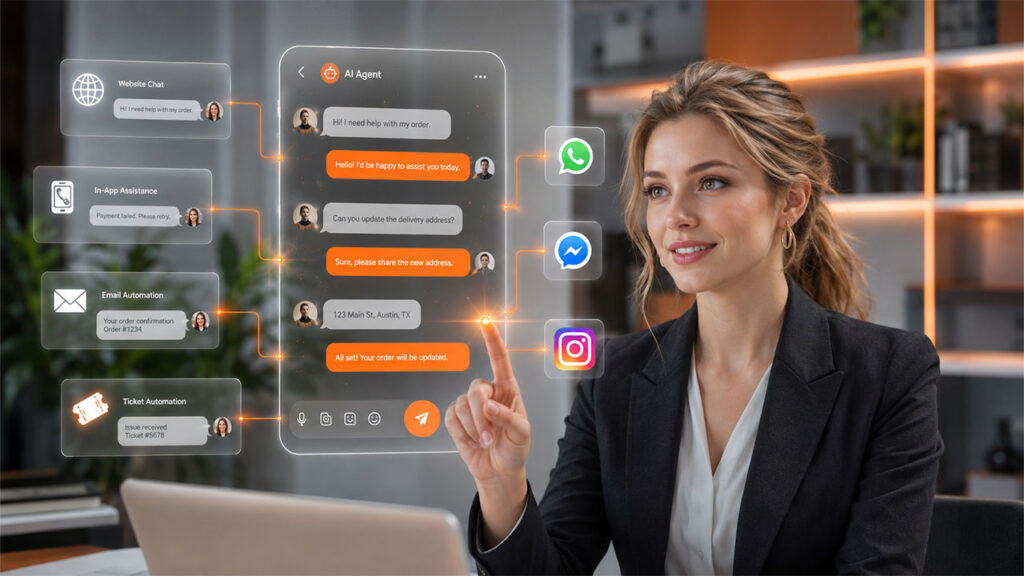 AI agents managing customer support across website chat email social media and messaging platforms