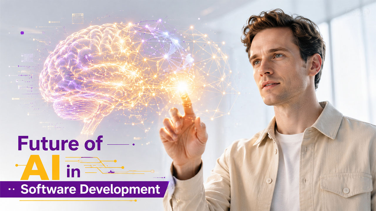 AI in software development with developers collaborating using intelligent coding tools and automation