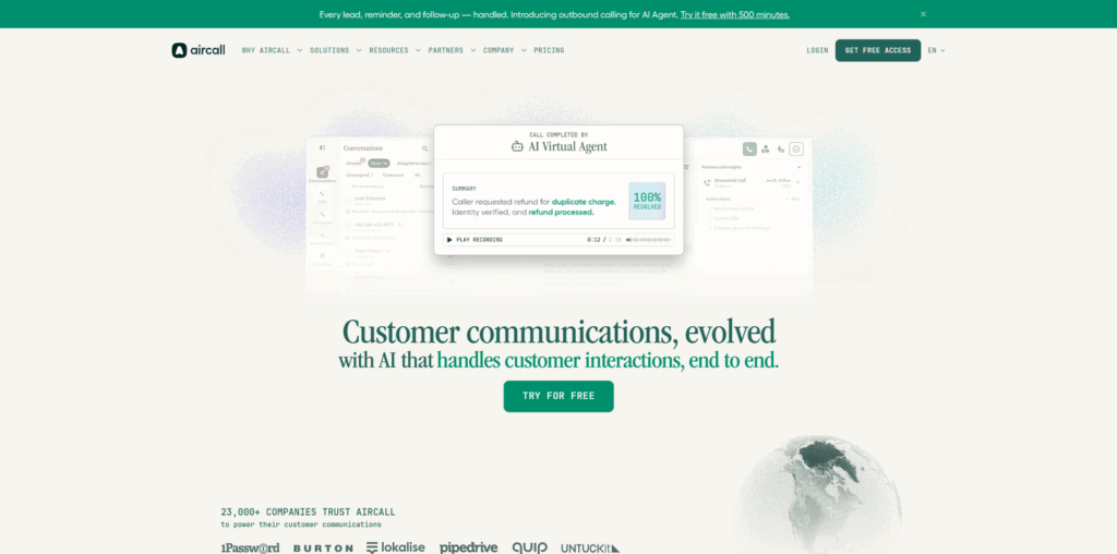 Aircall cloud phone system with local presence dialing and CRM integrations for sales teams