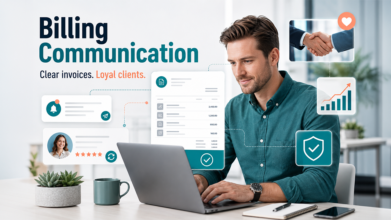 Billing communication dashboard showing transparent invoices, payment options, and automated reminders to improve customer retention.