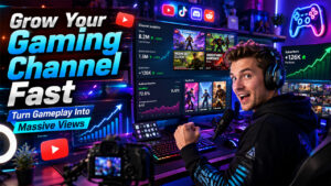 Creator growing a gaming YouTube channel with optimized thumbnails, consistent uploads, and audience engagement strategies