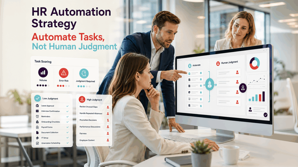 HR automation map categorizing tasks by judgment level instead of department functions