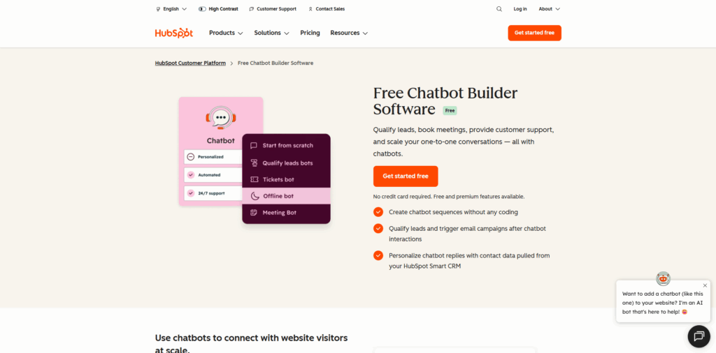 HubSpot Chatbot Builder for automated website conversations and CRM integration