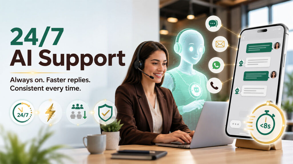 Key benefits of AI agents for 24/7 customer support including automation, faster response times, and continuous service