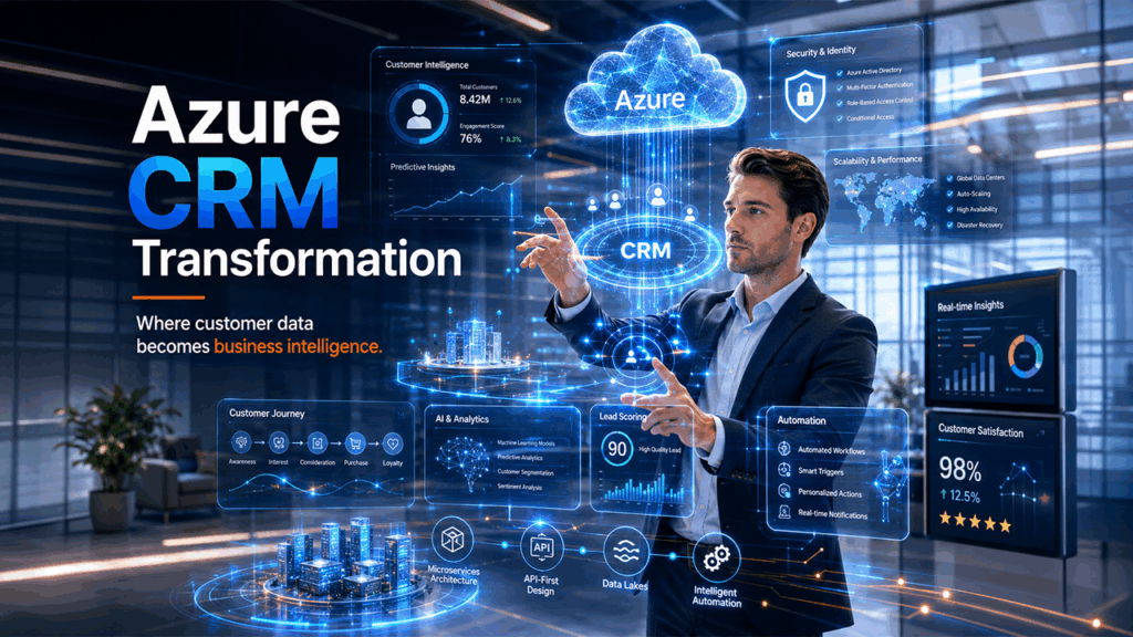 Key capabilities of Microsoft Azure CRM including enterprise security, scalable cloud infrastructure, and AI-powered analytics.