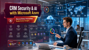 Microsoft Azure CRM platform illustrating secure cloud infrastructure, AI-powered analytics, and scalable customer relationship management solutions.