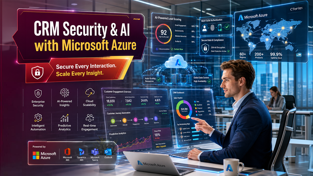 Microsoft Azure CRM platform illustrating secure cloud infrastructure, AI-powered analytics, and scalable customer relationship management solutions.