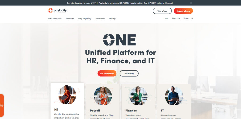 Paylocity HR platform with payroll and workforce management tools for mid-market companies