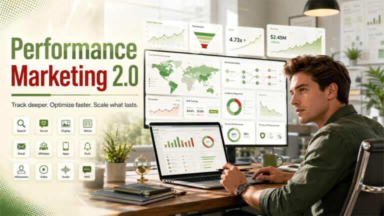 Performance marketing dashboard showing campaign analytics, data tracking, and digital advertising optimization