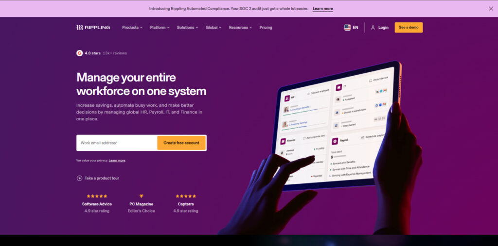 Rippling HR software platform for mid-market companies managing payroll, IT automation, and employee onboarding
