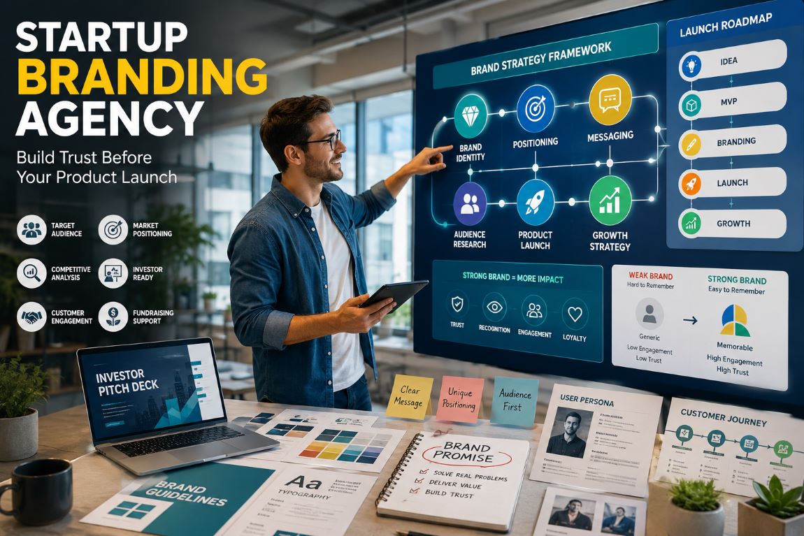Startup branding agency strategist creating a brand identity, positioning, messaging, and product launch strategy for a growing startup.