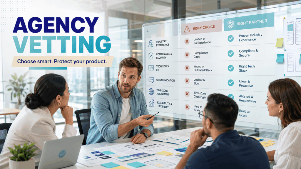 Startup founder evaluating a software development agency before outsourcing a product