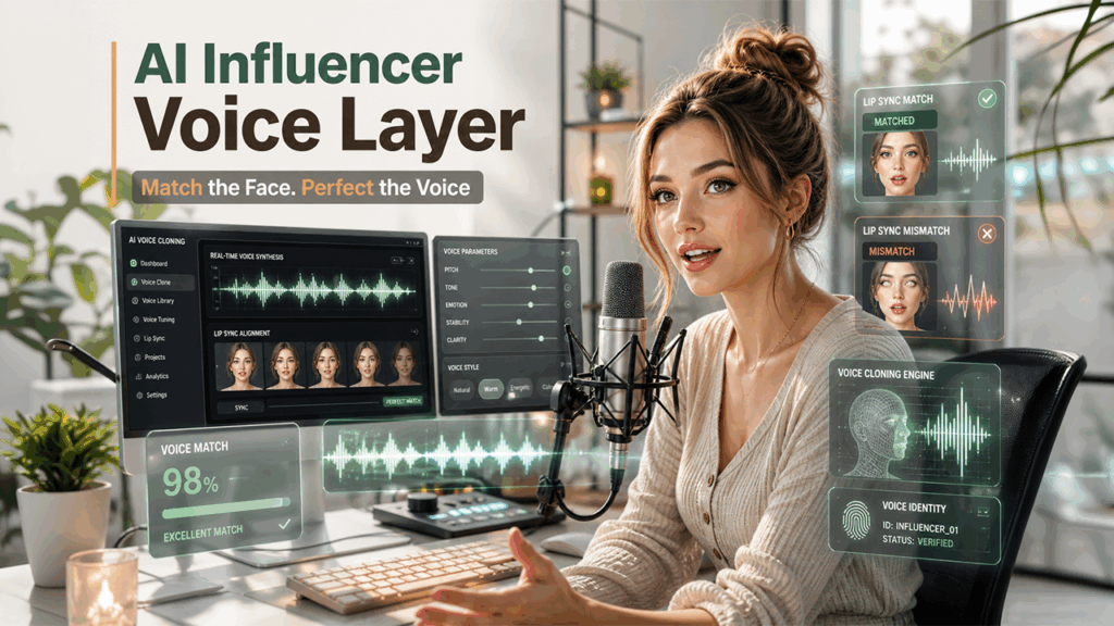 Voice cloning layer in virtual influencer creation using AI tools for realistic speech and consistent character voice