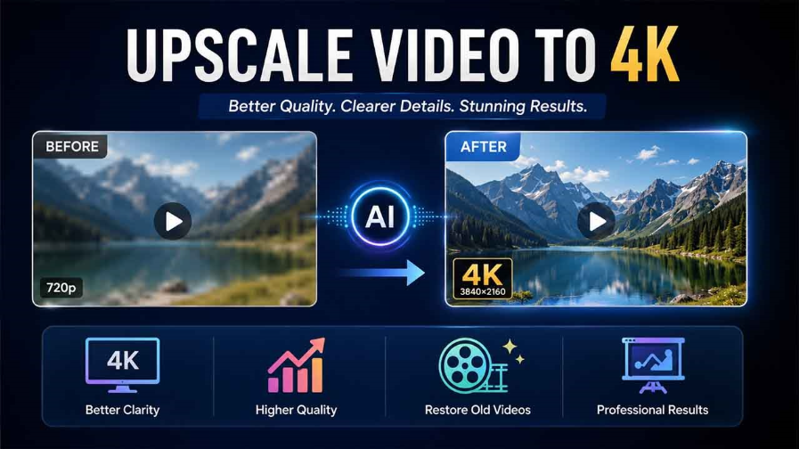Illustration explaining what it means to upscale a video to 4K by increasing resolution and enhancing image clarity with AI