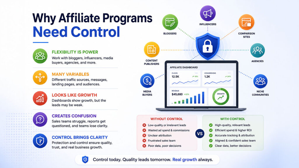 Why affiliate programs need control to maintain traffic quality, prevent fraud, and ensure profitable partner marketing through effective affiliate protection.