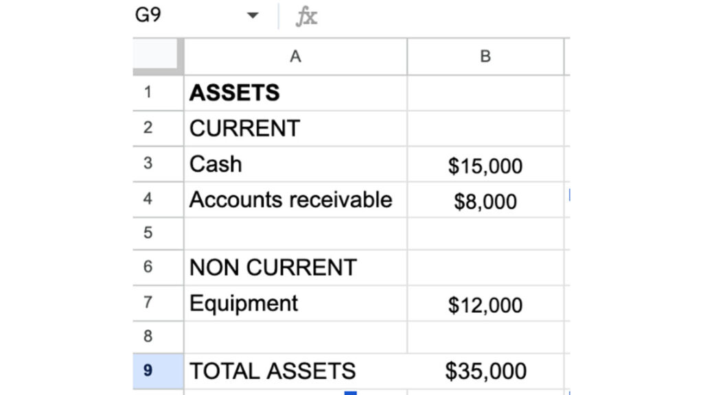 A spreadsheet showing assets for the balance sheet