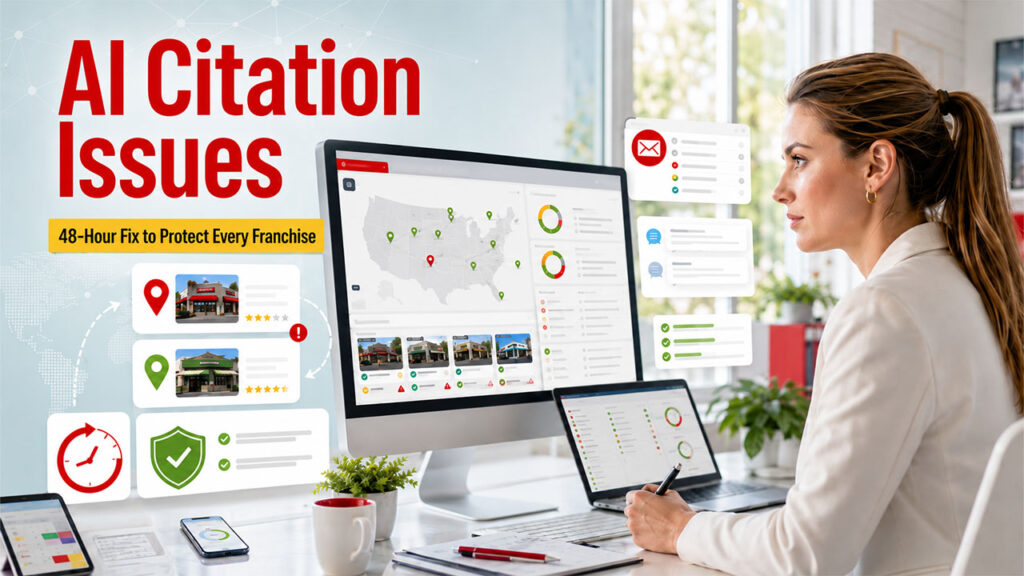 Franchise managers communicating AI citation issues to franchise locations using standardized review monitoring and escalation protocols.