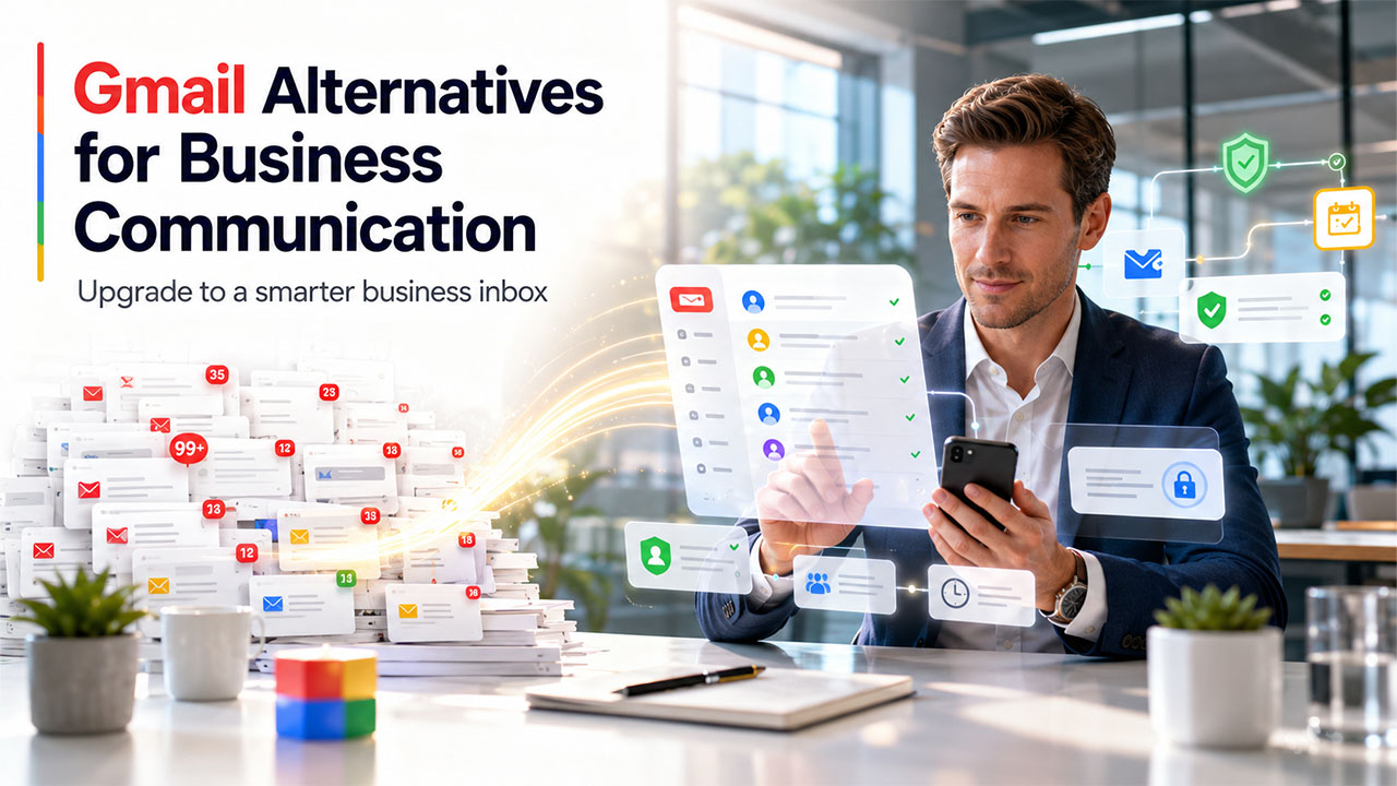 Comparison of Gmail alternatives for business communication including Neo Mail, Fastmail, and Tuta Mail for secure business email and custom domain support.