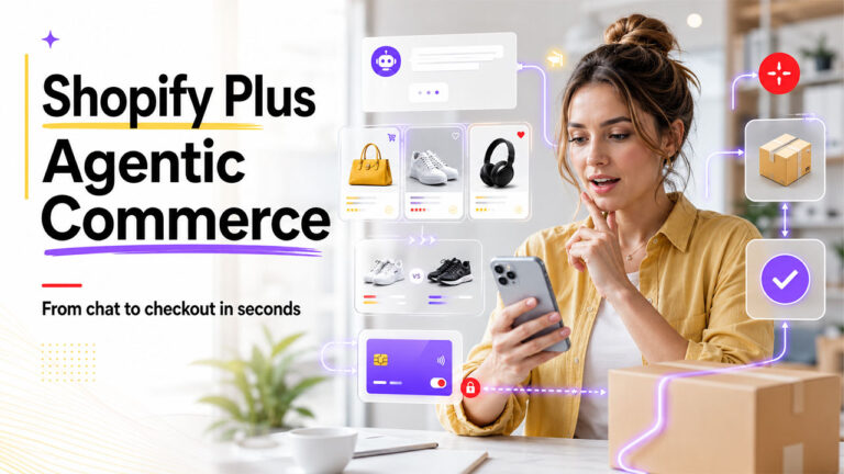 Illustration showing agentic commerce on Shopify Plus where AI shopping agents discover, compare, and complete B2C purchases automatically without customer clicks.