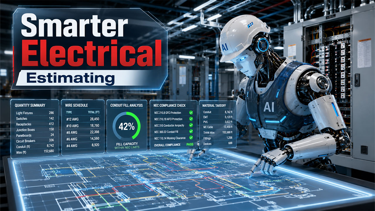 AI electrical takeoff software automating blueprint analysis, NEC code compliance checks, and electrical estimating workflows