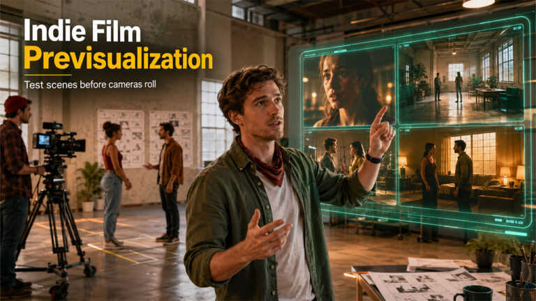 AI previsualization for indie filmmakers showing a director testing cinematic scenes before production using AI-generated video previews.
