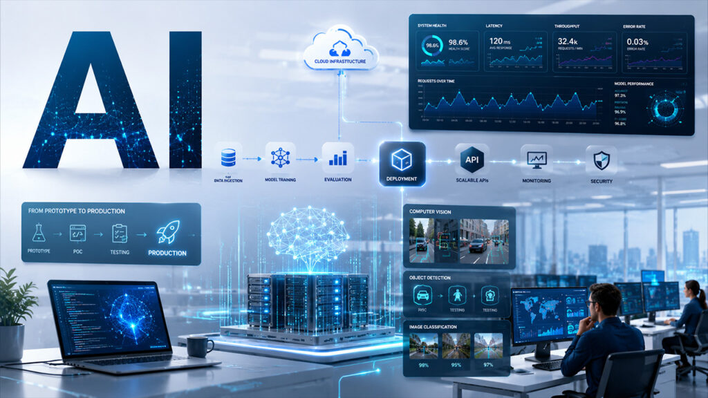 AI Product Development Services workflow showing cloud infrastructure, model training, deployment, scalable APIs, computer vision, monitoring, and security dashboards