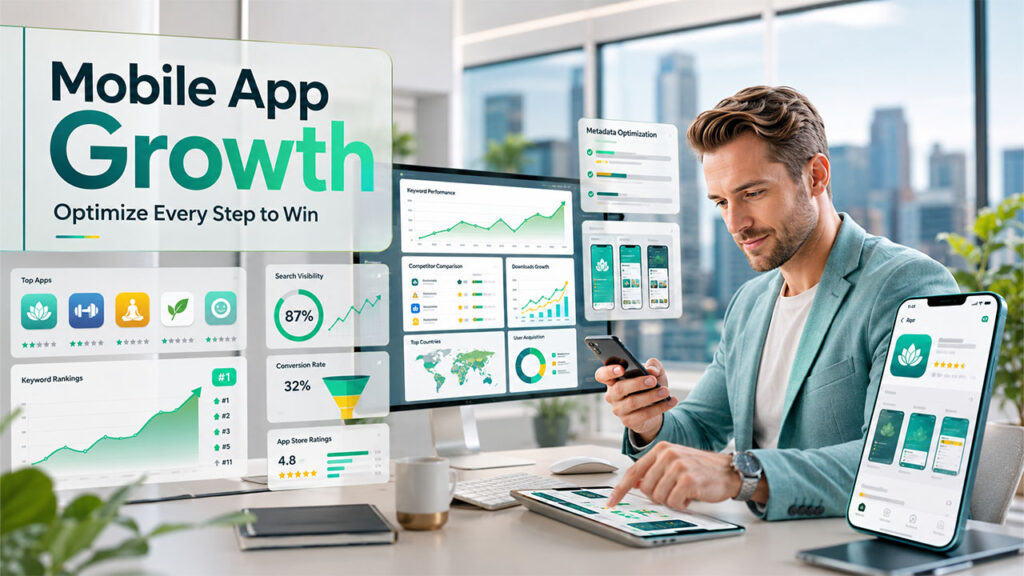 App Store Optimization services dashboard showing keyword rankings, app visibility metrics, metadata optimization, and mobile app growth analytics.