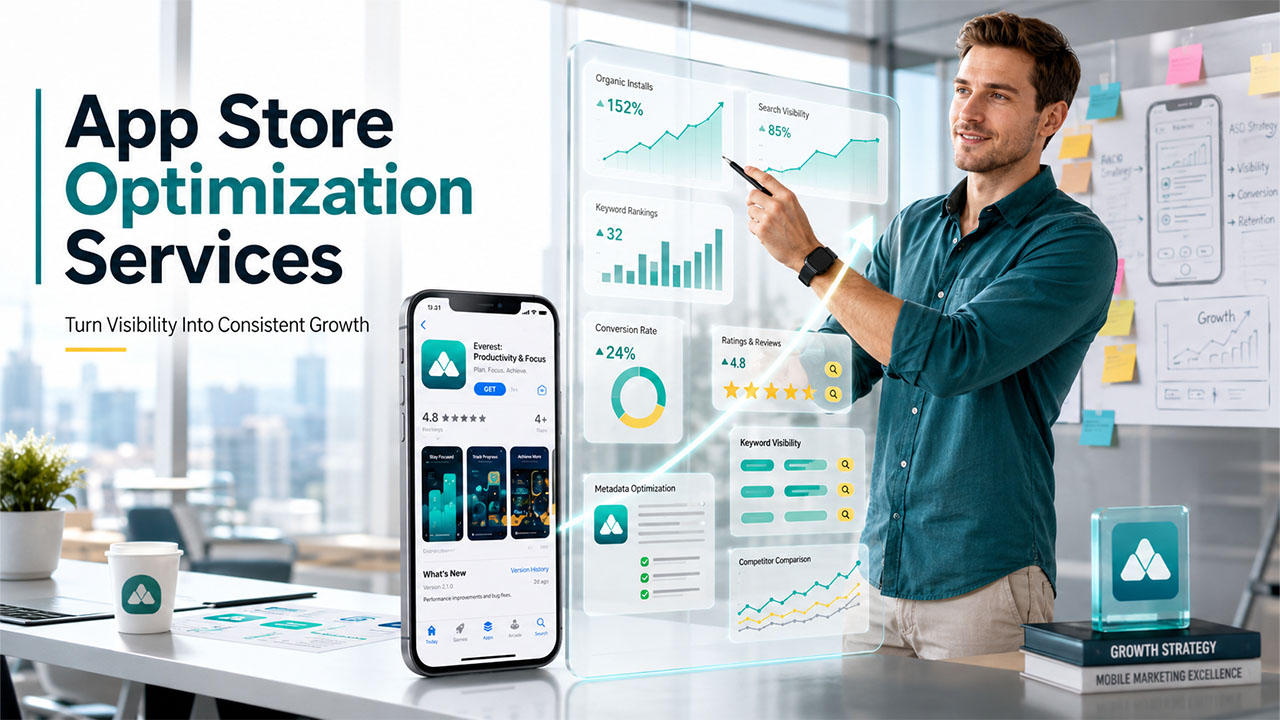 App Store Optimization services helping businesses improve app visibility, keyword rankings, and organic downloads.