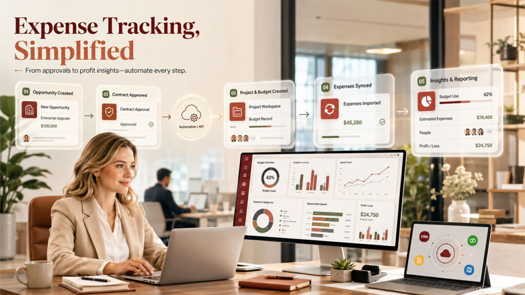 Automated expense tracking workflow in CRM and Finance Integration showing project setup, budget tracking, expense synchronization, and financial reporting