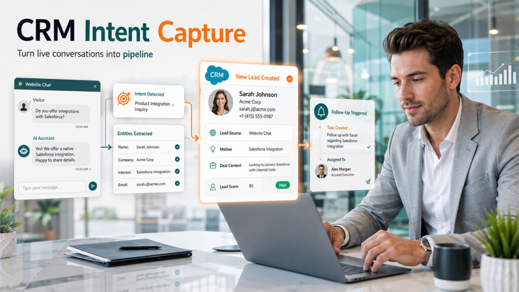AI chatbot capturing visitor intent in real time and automatically creating CRM records for lead qualification and customer engagement.
