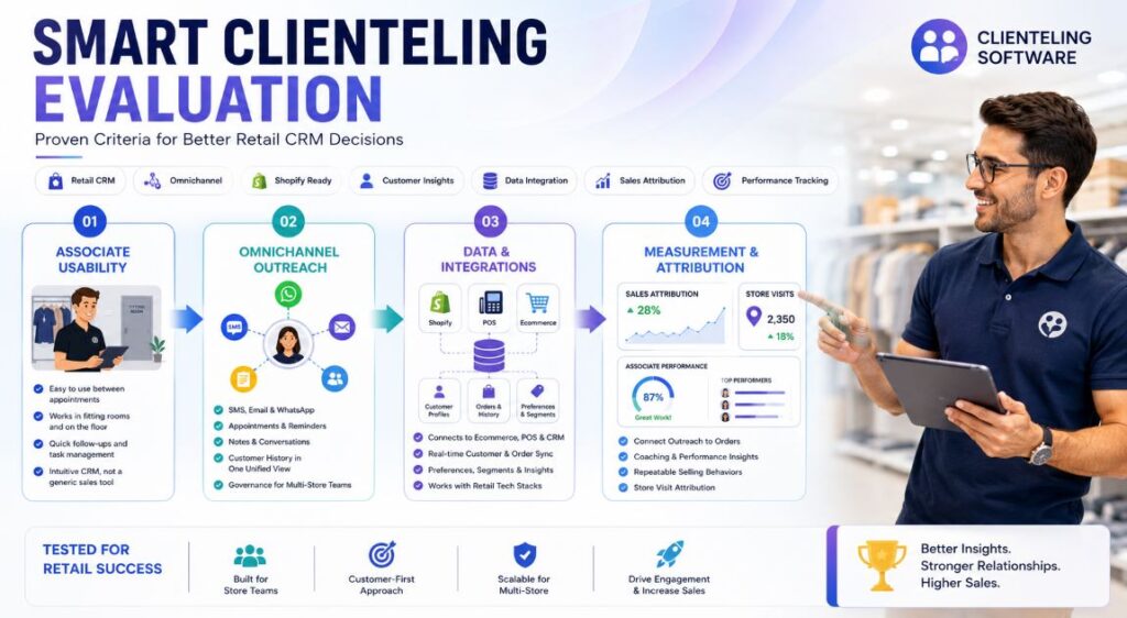 Clienteling software evaluation infographic showing associate usability, omnichannel outreach, data integrations, and sales attribution criteria.