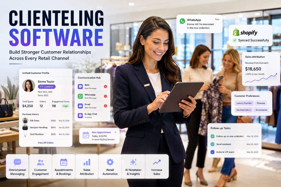 Clienteling software dashboard helping retail associates manage customer relationships, omnichannel messaging, appointments, and sales attribution.