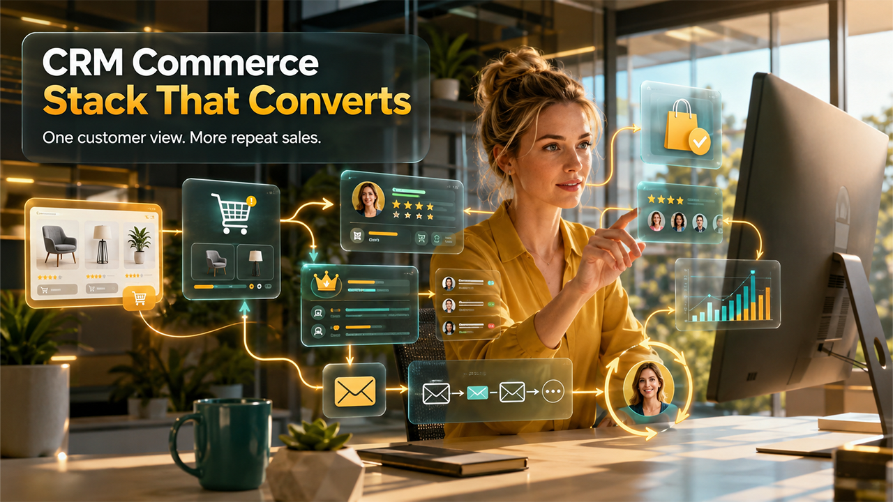 CRM and ecommerce integration dashboard connecting customer data, orders, marketing automation, and online store operations