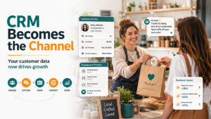 Diagram showing CRM as a traffic channel that captures leads, automates customer engagement, and drives business growth through customer retention and lifecycle marketing.