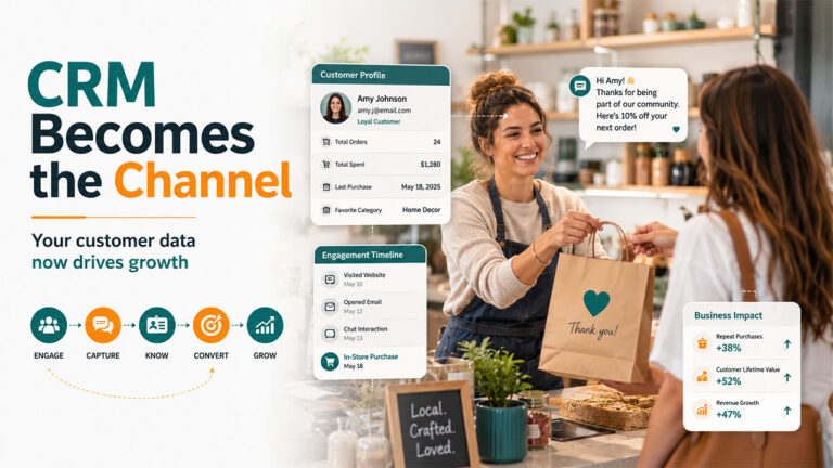 Diagram showing CRM as a traffic channel that captures leads, automates customer engagement, and drives business growth through customer retention and lifecycle marketing.