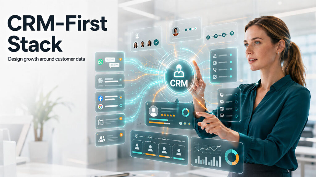 Architecture diagram showing CRM as a traffic channel integrated with chatbots, automation, customer data, marketing tools, and sales workflows.