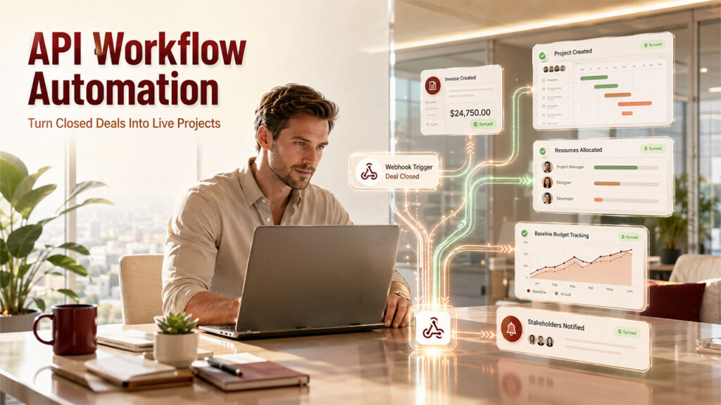 Destination layer in CRM and Finance Integration showing connected applications receiving synchronized customer and financial data through APIs