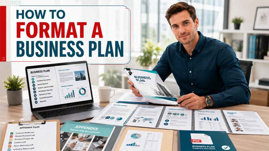 Business plan document organized with sections, financial reports, and supporting files ready for sharing with investors