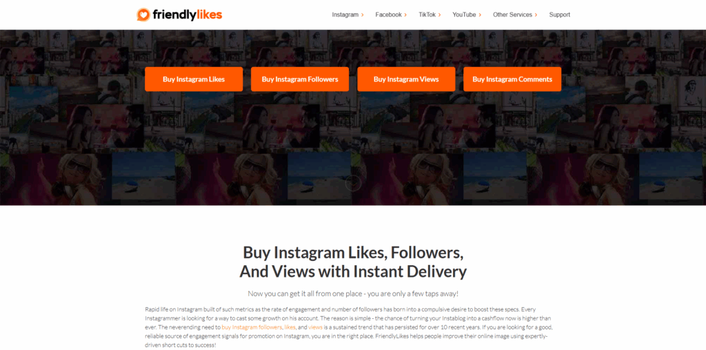 FriendlyLikes social media engagement platform offering Instagram likes, followers, views, and engagement growth services.