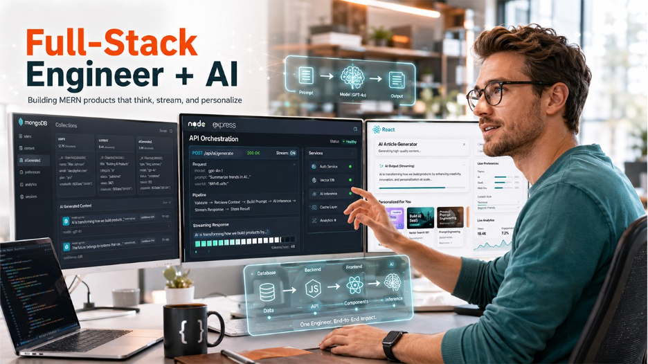 Full Stack Software Engineer managing AI integration across MongoDB, Node.js, React, and AI-powered application workflows