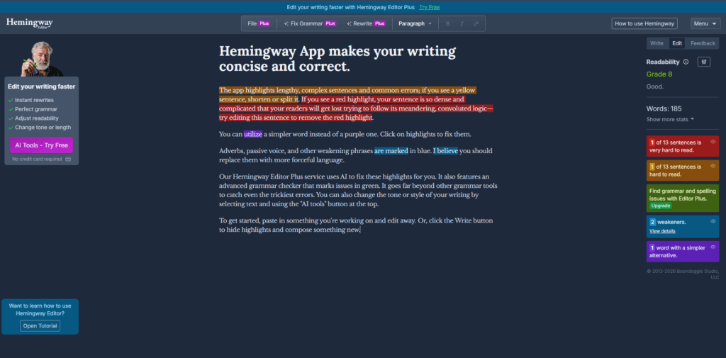Hemingway Editor helping freelance writers improve readability by reducing passive voice and complex sentences