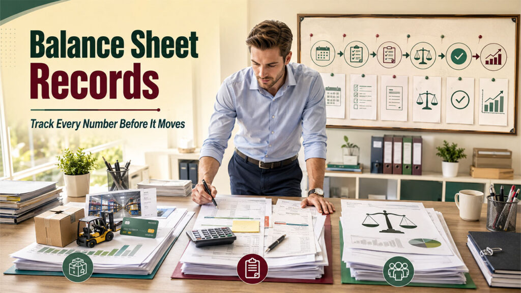 Step-by-step process for preparing a business balance sheet with assets, liabilities, and owner's equity
