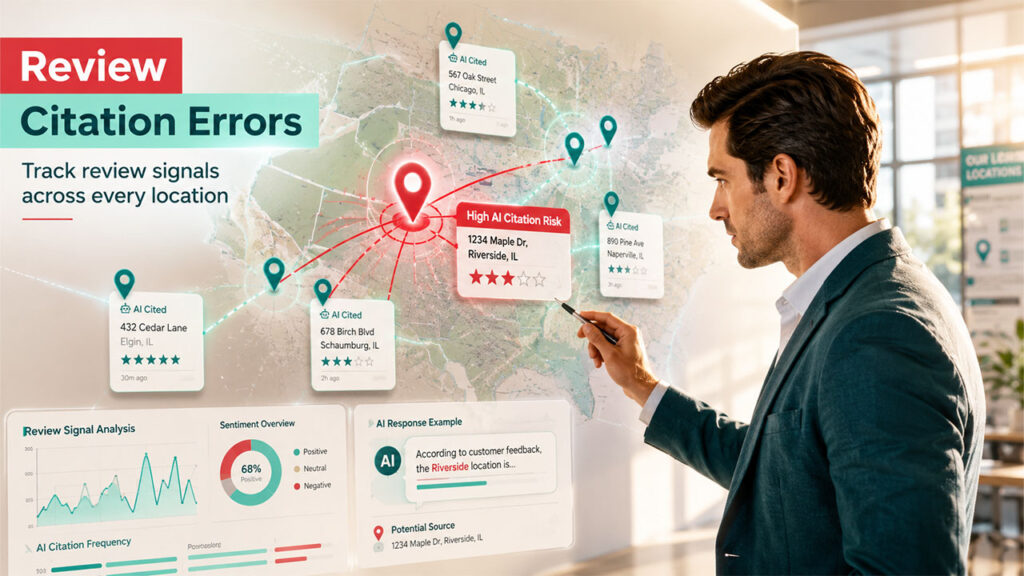 Review monitoring dashboard identifying the franchise location responsible for AI-generated review citations across a brand network.