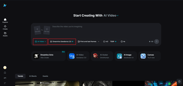 Logging in to Dreamina to start AI previsualization for indie filmmakers using the Seedance 2.5 AI video generator.