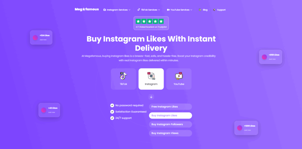 MegaFamous Instagram engagement platform offering likes, followers, views, and social media growth services.
