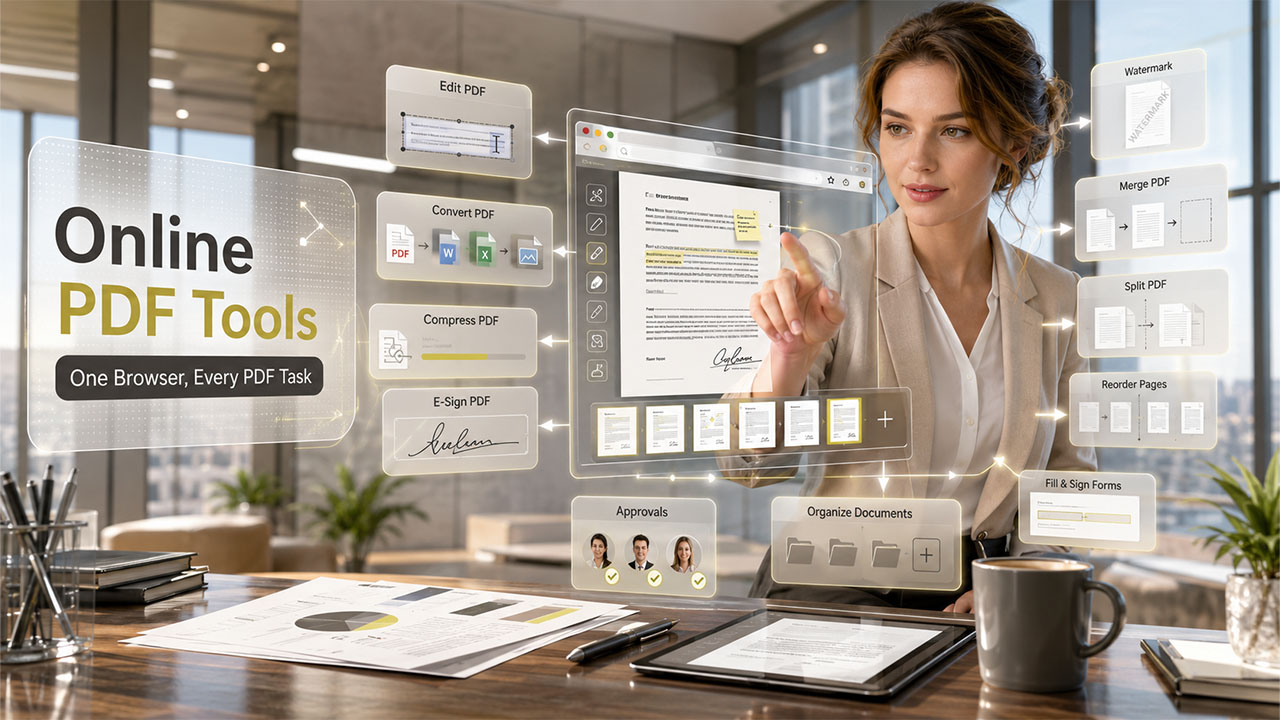 Online PDF editing tools for business documents including editing, conversion, compression, signing, and document management