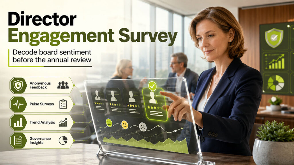 Purpose-built board survey software capturing director sentiment through confidential feedback surveys and governance performance analysis